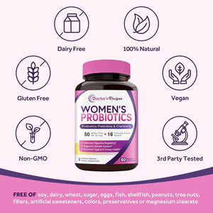 Doctor'S Recipes Women’S Probiotic, 60 Caps 50 Billion CFU 16 Strains, with Organic Cranberry, Digestive Immune Vaginal & Urinary Health, Shelf Stable, Delayed Release, No Soy Gluten Dairy - Vitamen Store