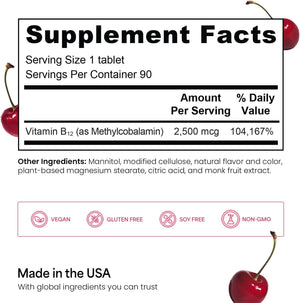 EZ Melts B12 Sublingual Vitamin – 2,500mcg Methylcobalamin, Sugar - Free – 3 - Month Supply - Vitamen Store