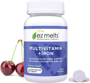 EZ Melts Multivitamin with Iron, Sublingual Vitamins, Vegan, Zero Sugar, Natural Cherry Flavor, 60 Fast Dissolve Tablets - Vitamen Store