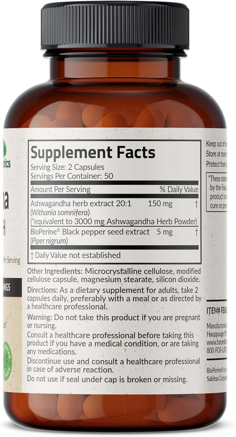 Futurebiotics Ashwagandha Extra Strength Stress & Mood Support with Bioperine - Non GMO Formula, 120 Vegetarian Capsules - Vitamen Store