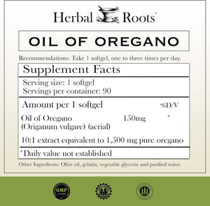 Herbal Roots Oil of Oregano – Mediterranean Oregano Oil – Extra Strength 150 mg – 90 Softgel Capsules - Vitamen Store