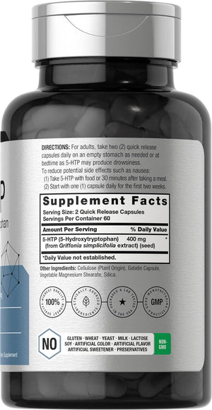 Horbäach 5 - HTP 400mg – Extra Strength 5 - Hydroxytryptophan Supplement – 120 Capsules, Non - GMO & Gluten - Free - Vitamen Store