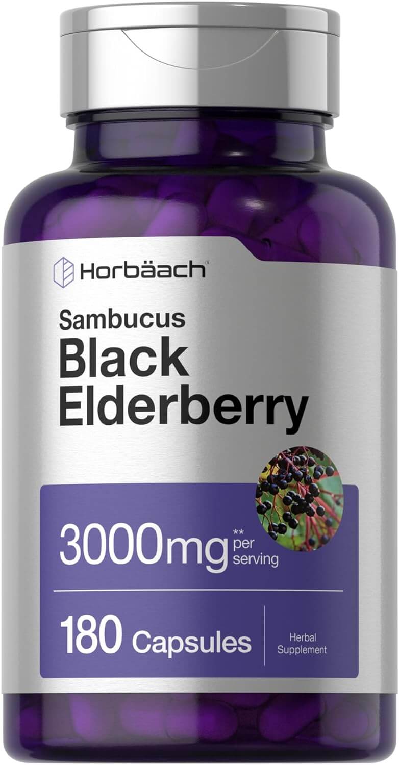 Horbäach Black Elderberry | 3000mg Capsules | 180 Count | Non - GMO, Gluten Free | Sambucus Extract Supplement - Vitamen Store