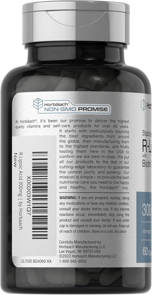 Horbäach Stabilized R - Lipoic Acid 300mg – 60 Capsules with Biotin Optimizer – Non - GMO & Gluten - Free – Na - RALA Supplement - Vitamen Store