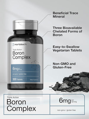 Horbäach Triple Boron Complex 6 Mg Supplement | 300 Tablets | for Men and Women | Vegetarian, Non - Gmo & Gluten Free | Triple Action Boron Citrate, Boron Glycinate, Boron Asparate - Vitamen Store