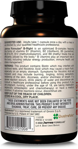 Jarrow Formulas B - Right, Optimized B Complex Featuring Vitamin B1, B2, B5, B6, B12 and B9 to Support Cellular Energy, Immune Health and Stress Management, 100 Veggie Capsules, up to a 100 Day Supply - Vitamen Store