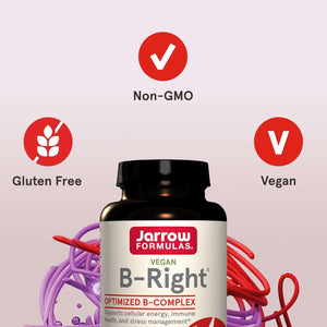 Jarrow Formulas B - Right, Optimized B Complex Featuring Vitamin B1, B2, B5, B6, B12 and B9 to Support Cellular Energy, Immune Health and Stress Management, 100 Veggie Capsules, up to a 100 Day Supply - Vitamen Store