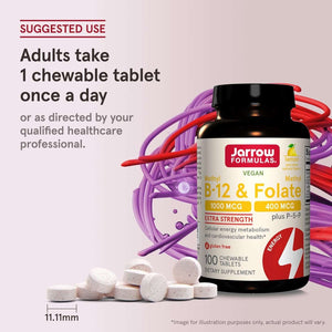 Jarrow Formulas Extra Strength Methyl B - 12 1000 Mcg & Methyl Folate 400 Mcg + P - 5 - P, Dietary Supplement for Cellular Energy Metabolism and Cardiovascular Support, 100 Chewable Tablets, 100 Day Supply - Vitamen Store