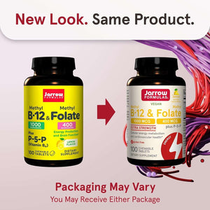 Jarrow Formulas Extra Strength Methyl B - 12 1000 Mcg & Methyl Folate 400 Mcg + P - 5 - P, Dietary Supplement for Cellular Energy Metabolism and Cardiovascular Support, 100 Chewable Tablets, 100 Day Supply - Vitamen Store