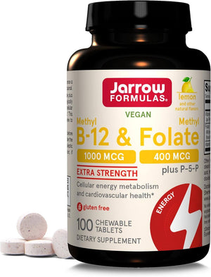 Jarrow Formulas Extra Strength Methyl B - 12 1000 Mcg & Methyl Folate 400 Mcg + P - 5 - P, Dietary Supplement for Cellular Energy Metabolism and Cardiovascular Support, 100 Chewable Tablets, 100 Day Supply - Vitamen Store