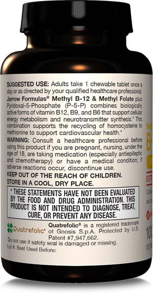 Jarrow Formulas Extra Strength Methyl B - 12 1000 Mcg & Methyl Folate 400 Mcg + P - 5 - P, Dietary Supplement for Cellular Energy Metabolism and Cardiovascular Support, 100 Chewable Tablets, 100 Day Supply - Vitamen Store
