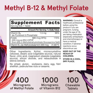 Jarrow Formulas Extra Strength Methyl B - 12 1000 Mcg & Methyl Folate 400 Mcg + P - 5 - P, Dietary Supplement for Cellular Energy Metabolism and Cardiovascular Support, 100 Chewable Tablets, 100 Day Supply - Vitamen Store