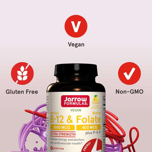Jarrow Formulas Extra Strength Methyl B - 12 1000 Mcg & Methyl Folate 400 Mcg + P - 5 - P, Dietary Supplement for Cellular Energy Metabolism and Cardiovascular Support, 100 Chewable Tablets, 100 Day Supply - Vitamen Store