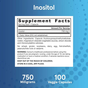 Jarrow Formulas Inositol 750 Mg, Dietary Supplement, 100 Veggie Capsules, up to a 100 Day Supply - Vitamen Store
