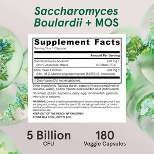 Jarrow Formulas Saccharomyces Boulardii Probiotics + MOS 5 Billion CFU Probiotic Yeast for Intestinal Health Support, Gut Health Supplements for Women and Men, 180 Veggie Capsules, 180 Day Supply - Vitamen Store