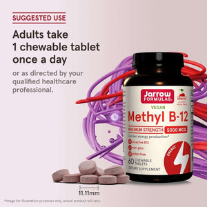 Jarrow Formulas Vitamin B12 5000 Mcg - Maximum Strength for Cellular Energy and Brain Health, 60 Cherry Chewable Tablets, B12 Vitamins 5000 Mcg - Vitamen Store