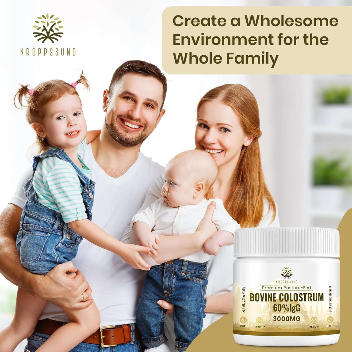 Kroppssund Bovine Colostrum Powder Supplement 3000 Mg - Extra High 60% Igg Bovine Colostrum - Gut, Bone, Exercise, Immune - 50 Servings (1 Bottle) - Vitamen Store