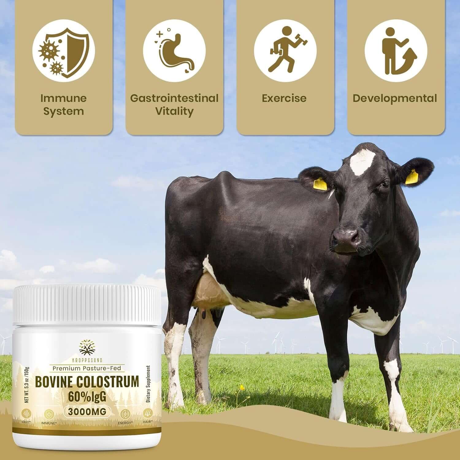 Kroppssund Bovine Colostrum Powder Supplement 3000 Mg - Extra High 60% Igg Bovine Colostrum - Gut, Bone, Exercise, Immune - 50 Servings (1 Bottle) - Vitamen Store