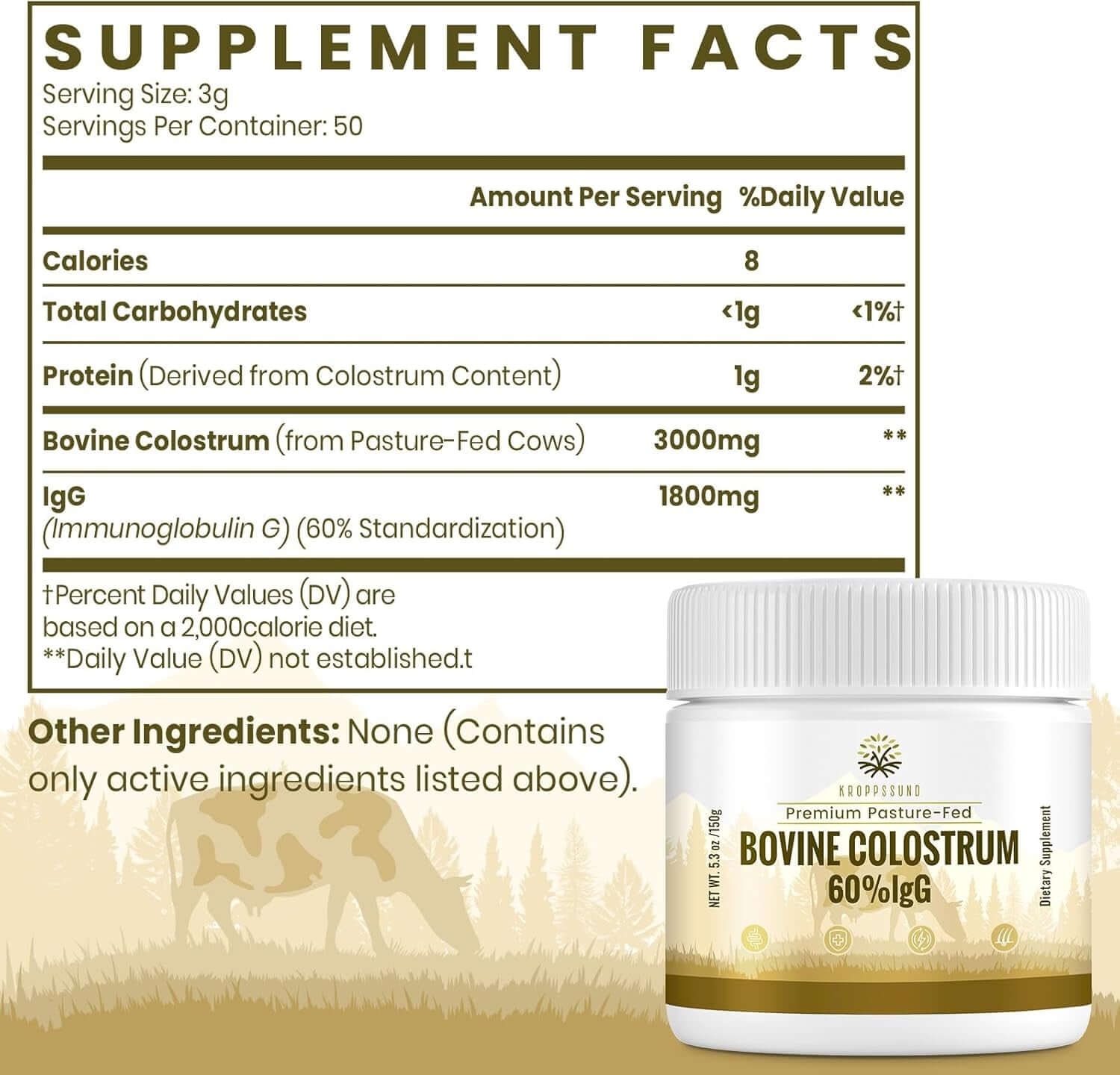 Kroppssund Bovine Colostrum Powder Supplement 3000 Mg - Extra High 60% Igg Bovine Colostrum - Gut, Bone, Exercise, Immune - 50 Servings (1 Bottle) - Vitamen Store