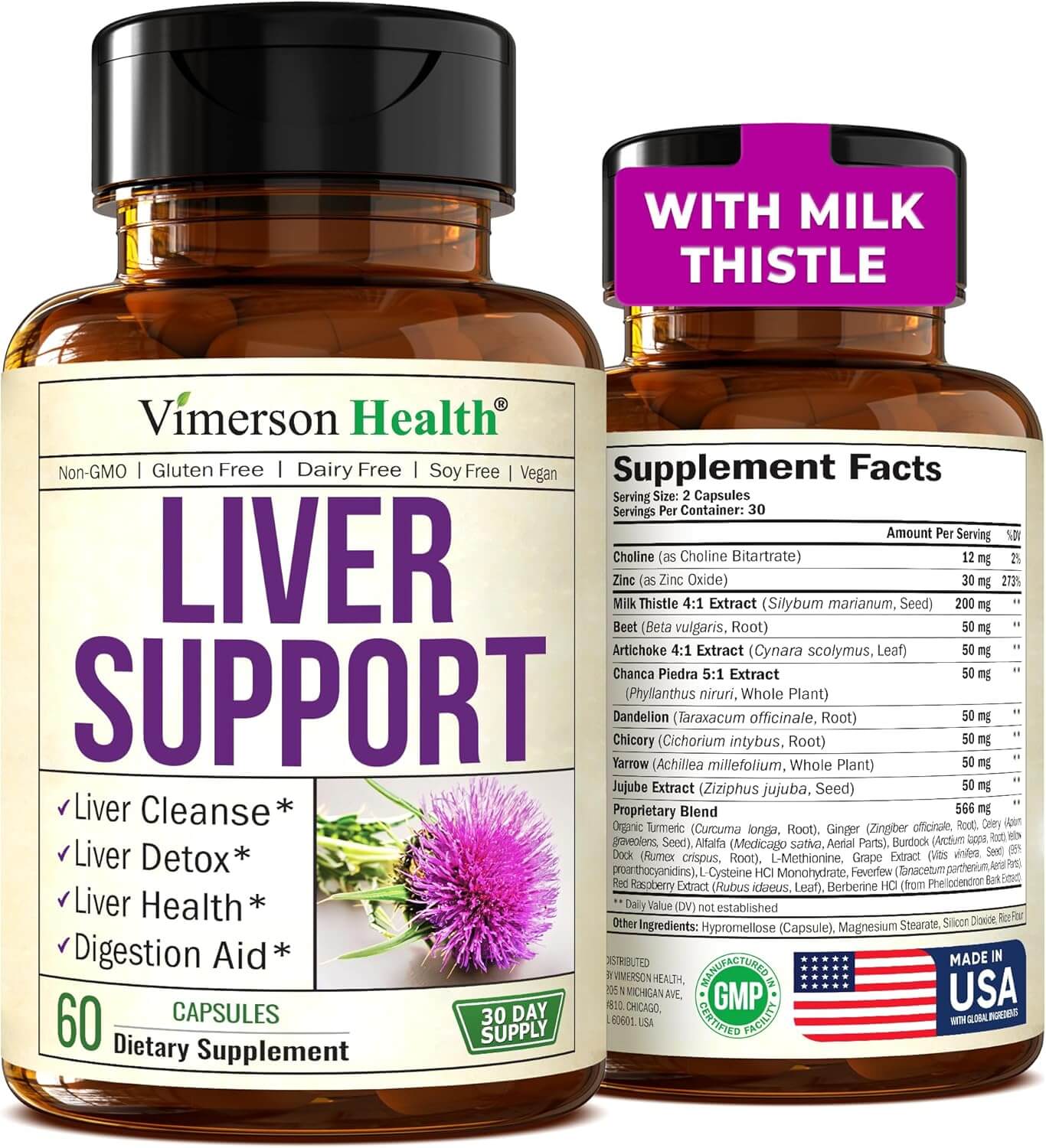 Liver Health Detox Support Supplement - Herbal Blend for Men & Women with Artichoke Extract, Milk Thistle, Turmeric, Ginger, Beet Root, Alfalfa, Zinc, Choline, Grape and Celery Seed. 60 Capsules - Vitamen Store