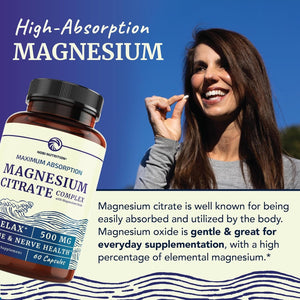 Magnesium Citrate Complex 500 mg – High Absorption Magnesium Supplement with Elemental Magnesium Oxide – Non - GMO, Soy - Free – 60 Capsules (2 - Month Supply) - Vitamen Store