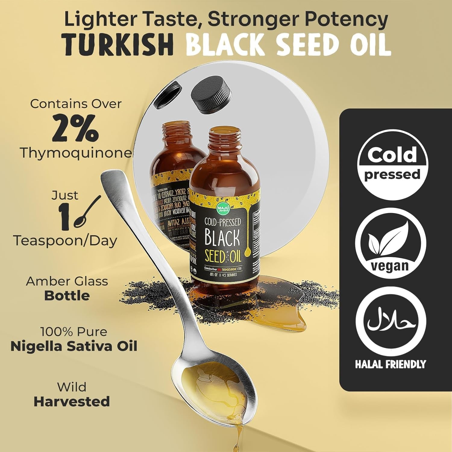 MAJU Black Seed Oil - 100% Turkish Black Cumin Seed Oil, Cold - Pressed, 8 oz Glass Bottle - Vitamen Store