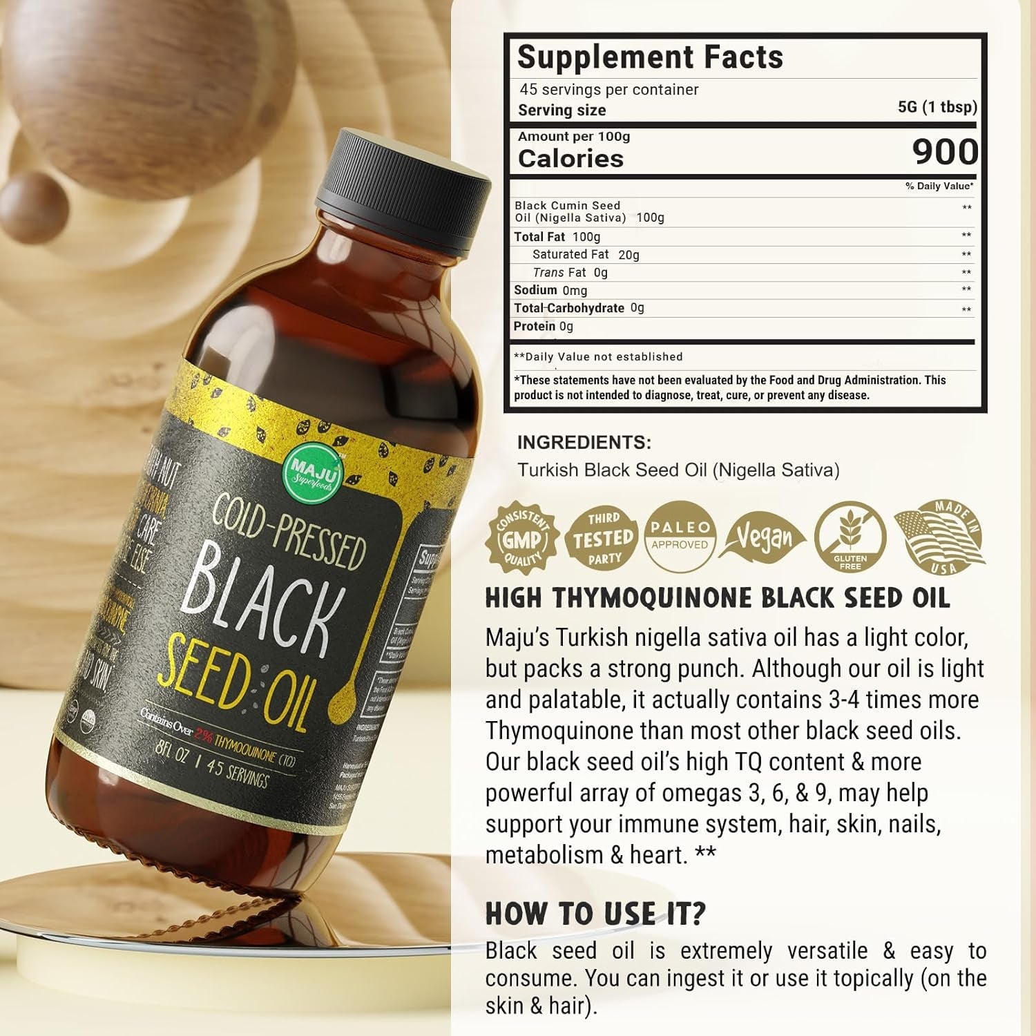 MAJU Black Seed Oil - 100% Turkish Black Cumin Seed Oil, Cold - Pressed, 8 oz Glass Bottle - Vitamen Store