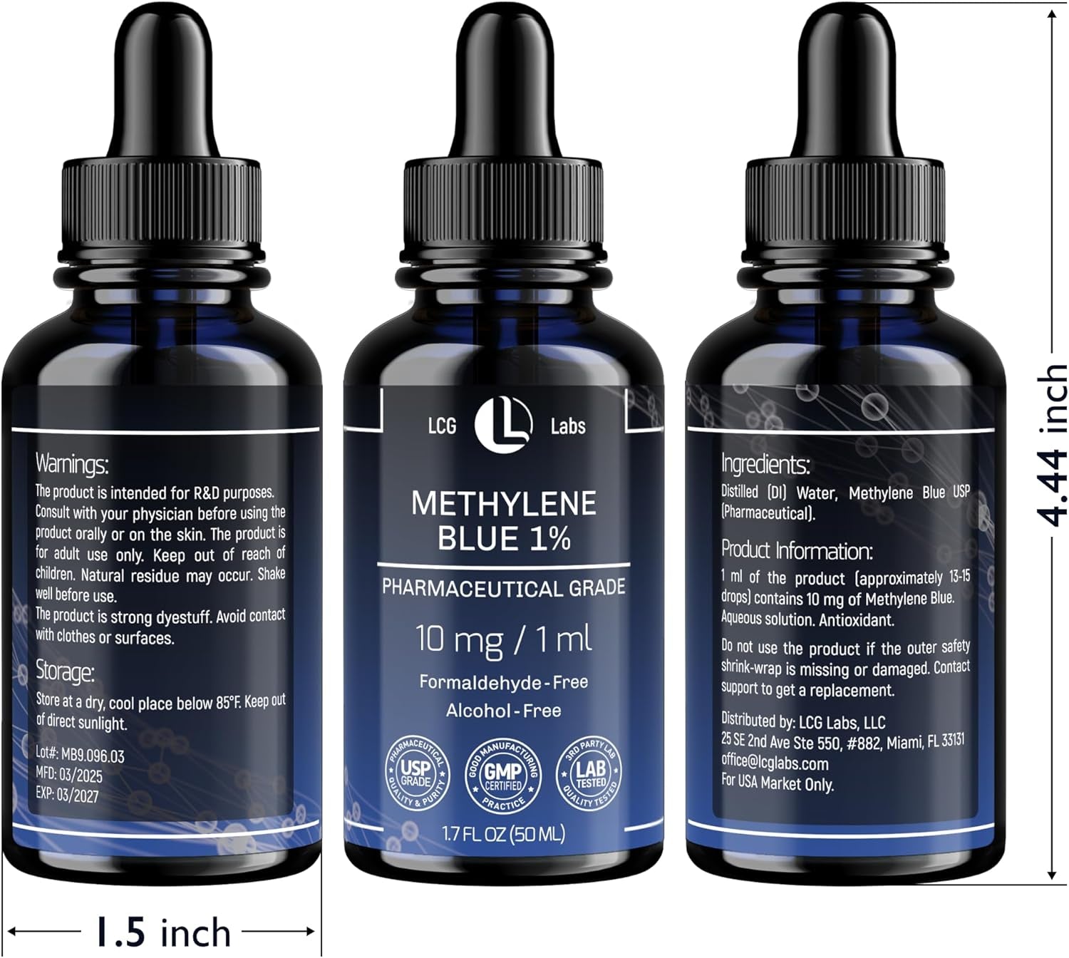 Methylene Blue 1% USP Grade Solution - 10mg/ml - Made in USA, 1.7 fl oz - Vitamen Store