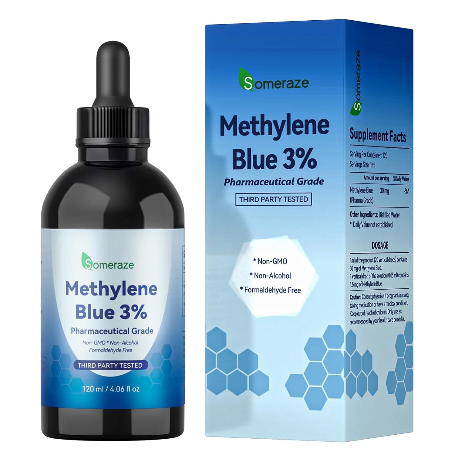 Methylene Blue Pharmaceutical Grade, 3% Ultra Concentration Nootropic Supplement for Humans, No Formaldehyde, No Alcohol, Third - Party Tested (120 Ml, 4.06 Fl Oz) - Vitamen Store