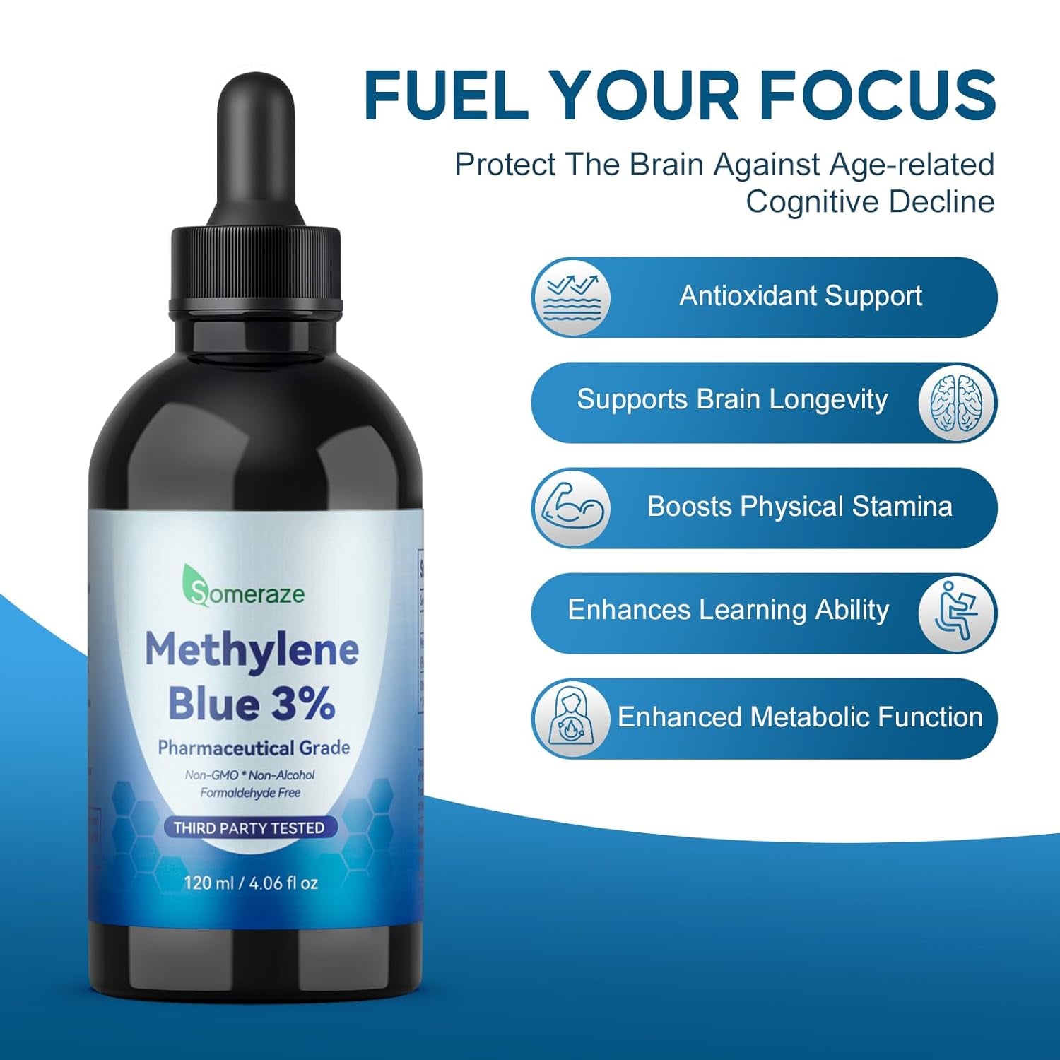 Methylene Blue Pharmaceutical Grade, 3% Ultra Concentration Nootropic Supplement for Humans, No Formaldehyde, No Alcohol, Third - Party Tested (120 Ml, 4.06 Fl Oz) - Vitamen Store