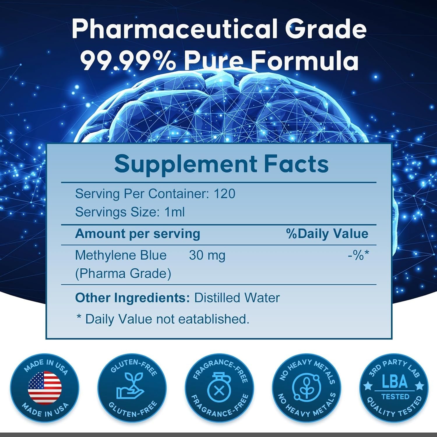 Methylene Blue Pharmaceutical Grade, 3% Ultra Concentration Nootropic Supplement for Humans, No Formaldehyde, No Alcohol, Third - Party Tested (120 Ml, 4.06 Fl Oz) - Vitamen Store