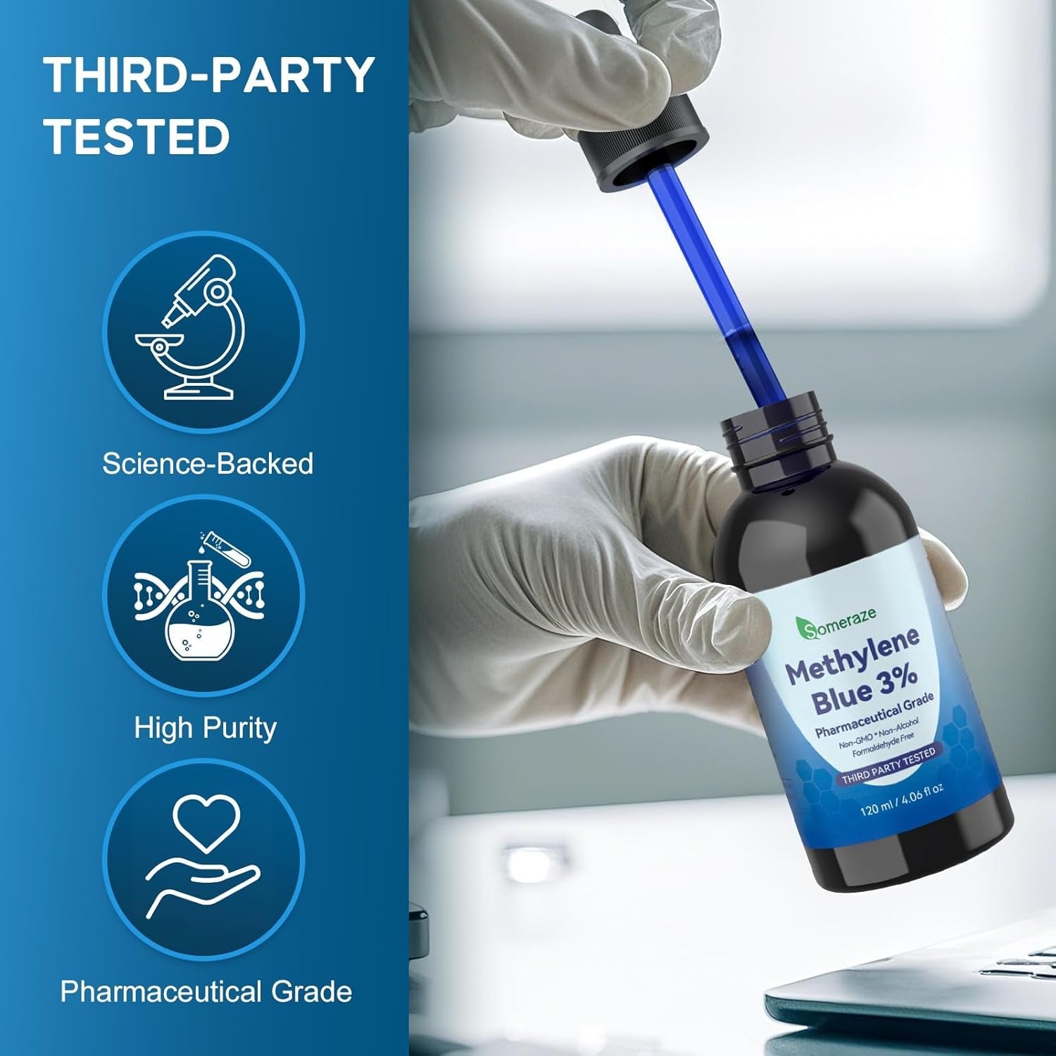 Methylene Blue Pharmaceutical Grade, 3% Ultra Concentration Nootropic Supplement for Humans, No Formaldehyde, No Alcohol, Third - Party Tested (120 Ml, 4.06 Fl Oz) - Vitamen Store