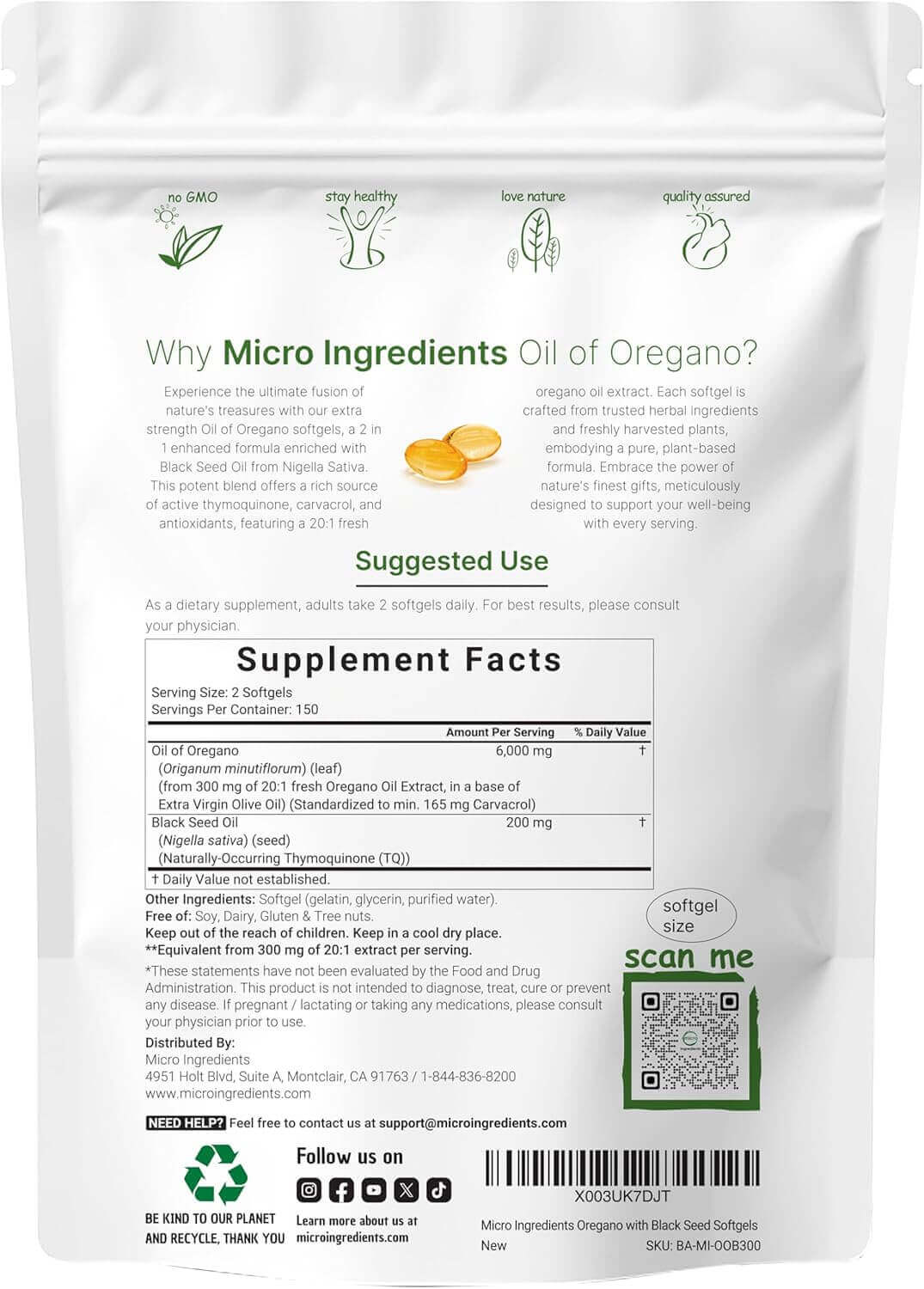 Micro Ingredients Oil of Oregano Softgels 6000Mg per Serving, 300 Count | 2 in 1 Formulated with Black Seed Oil 200Mg, 4X Strength Carvacrol & Thymoquinone | Plant Based, Non - Gmo & Immune Support - Vitamen Store