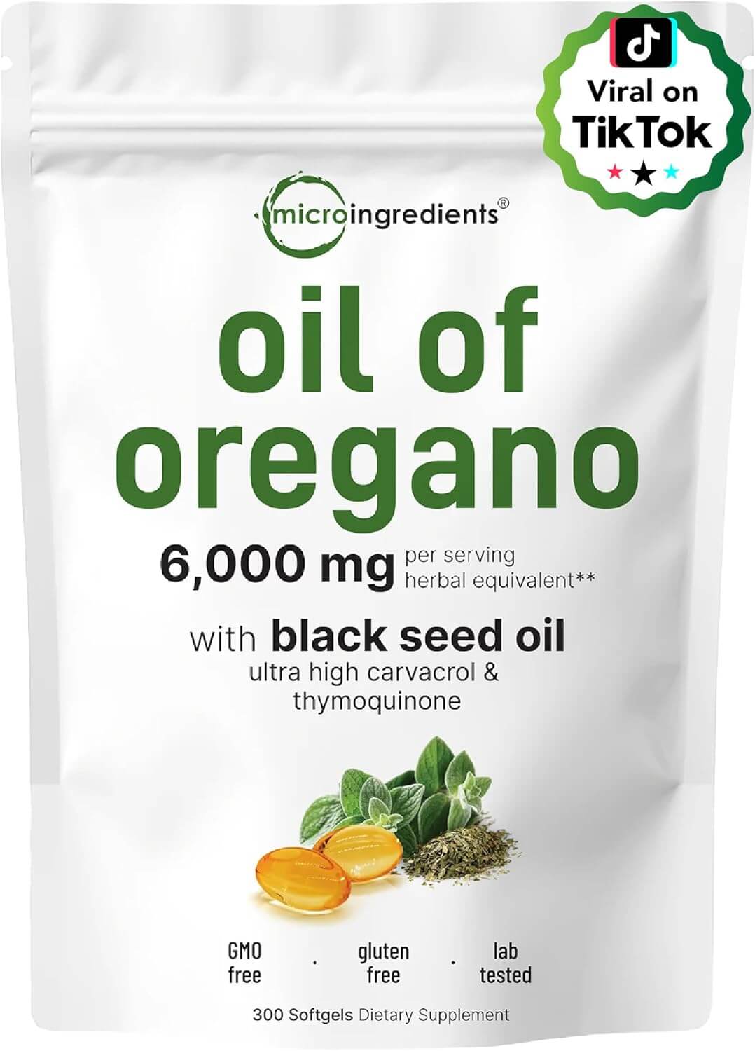 Micro Ingredients Oil of Oregano Softgels 6000Mg per Serving, 300 Count | 2 in 1 Formulated with Black Seed Oil 200Mg, 4X Strength Carvacrol & Thymoquinone | Plant Based, Non - Gmo & Immune Support - Vitamen Store