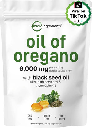 Micro Ingredients Oil of Oregano Softgels 6000Mg per Serving, 300 Count | 2 in 1 Formulated with Black Seed Oil 200Mg, 4X Strength Carvacrol & Thymoquinone | Plant Based, Non - Gmo & Immune Support - Vitamen Store