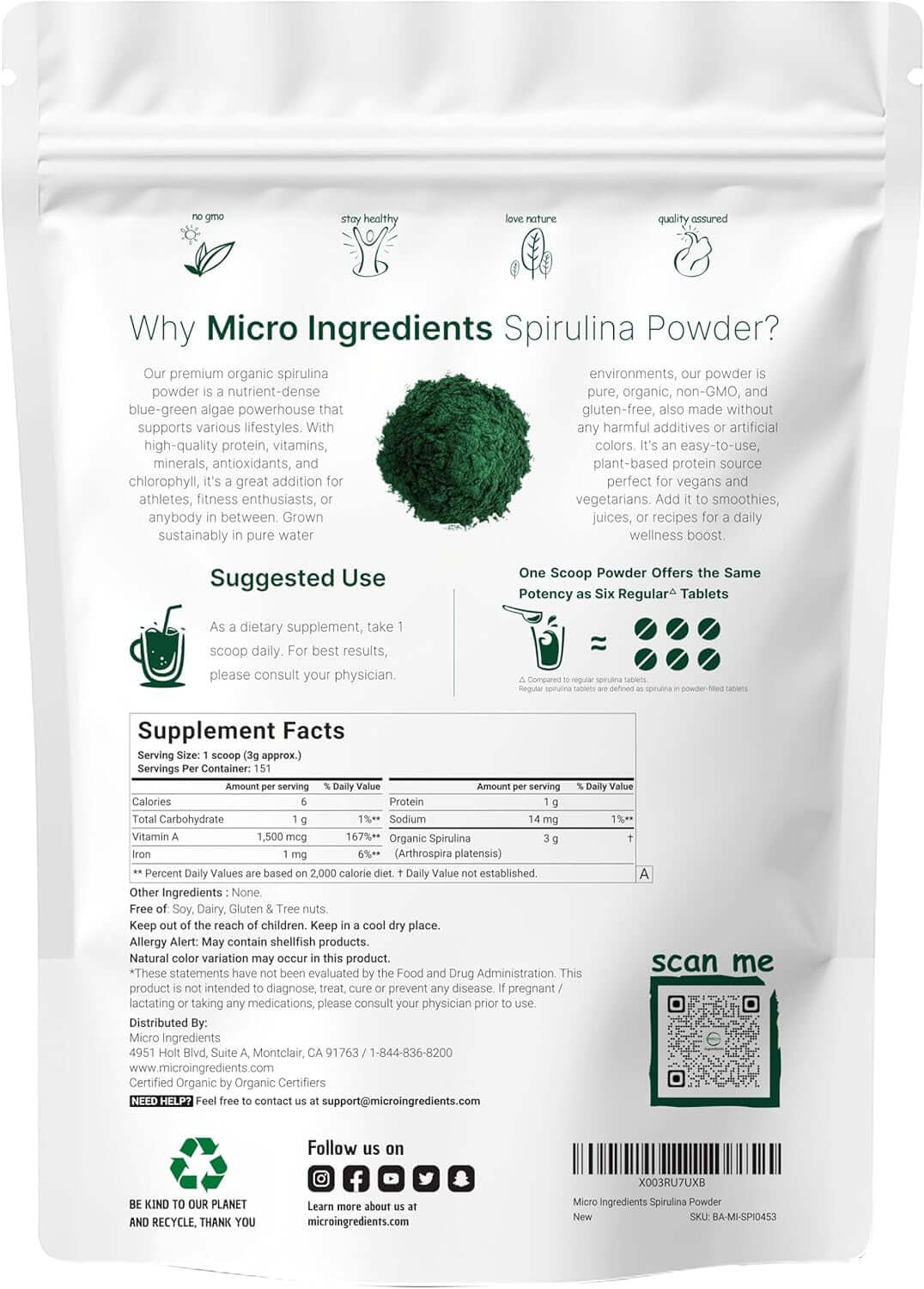 Micro Ingredients Organic Spirulina Powder – 16 oz Raw Arthrospira Platensis, 70% Vegan Protein, Rich in Minerals & Vitamins – Non‑GMO & Non‑Irradiated - Vitamen Store