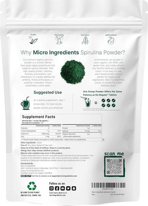Micro Ingredients Organic Spirulina Powder – 16 oz Raw Arthrospira Platensis, 70% Vegan Protein, Rich in Minerals & Vitamins – Non‑GMO & Non‑Irradiated - Vitamen Store