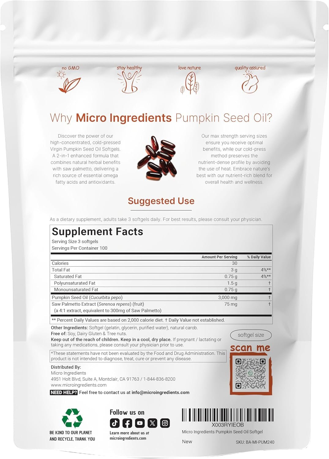 Micro Ingredients Pumpkin Seed Oil with Saw Palmetto Extract - 3000mg - 300 Softgels - Cold Pressed, Non - GMO - Vitamen Store