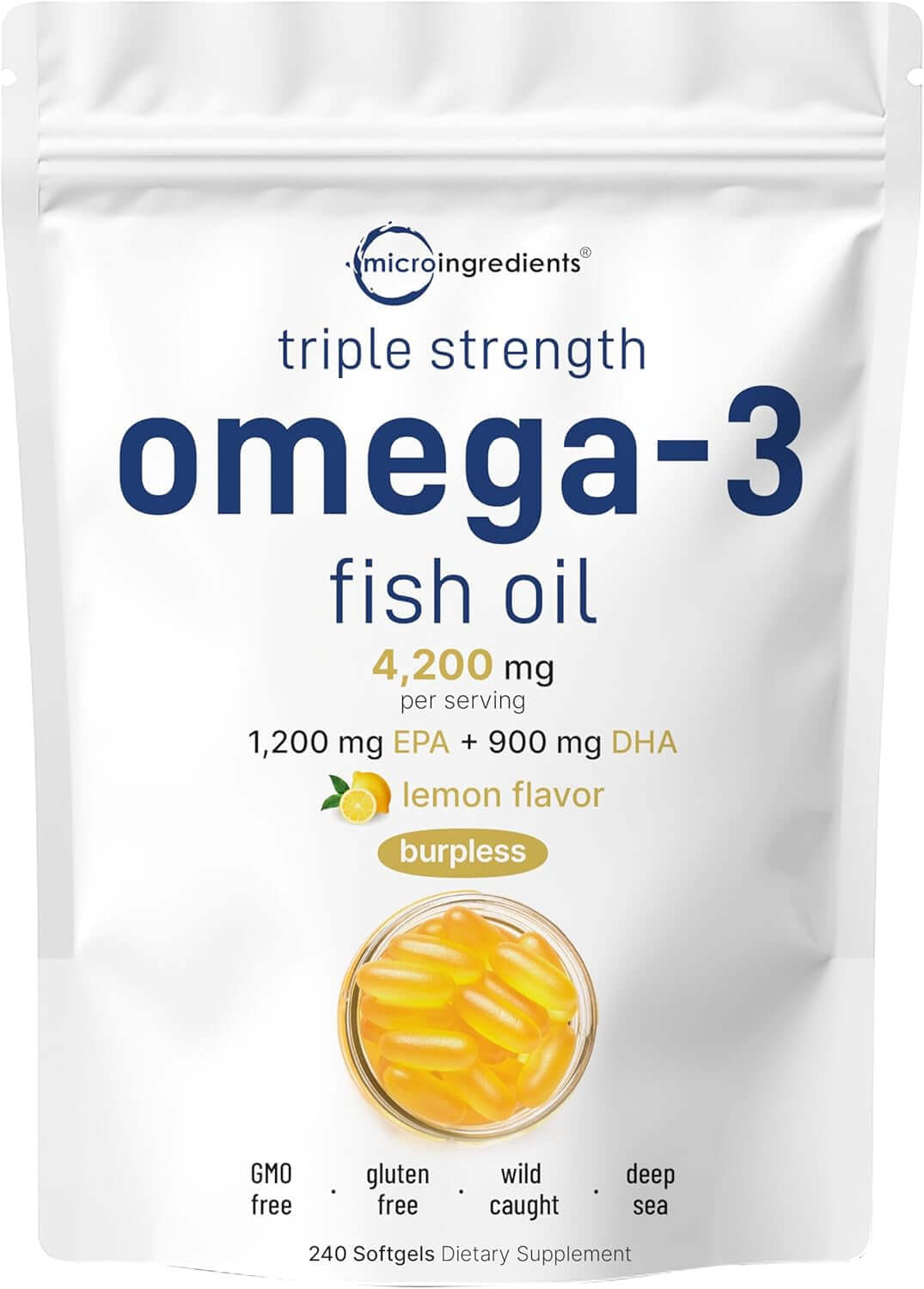 Micro Ingredients Triple Strength Omega 3 Fish Oil Supplements 4200Mg per Serving, 240 Softgels – Lemon Flavored – Burpless | EPA 1200Mg + DHA 900Mg | Deep Sea Fish. - Vitamen Store