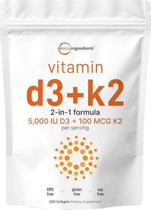 Micro Ingredients Vitamin D3 5000 IU with K2 100 Mcg, 300 Soft - Gels - Vitamen Store