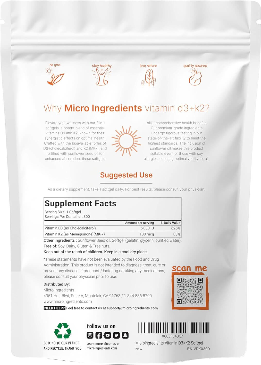 Micro Ingredients Vitamin D3 5000 IU with K2 100 Mcg, 300 Soft - Gels - Vitamen Store