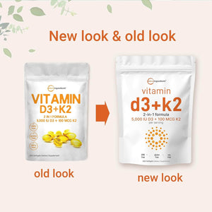 Micro Ingredients Vitamin D3 5000 IU with K2 100 Mcg, 300 Soft - Gels - Vitamen Store