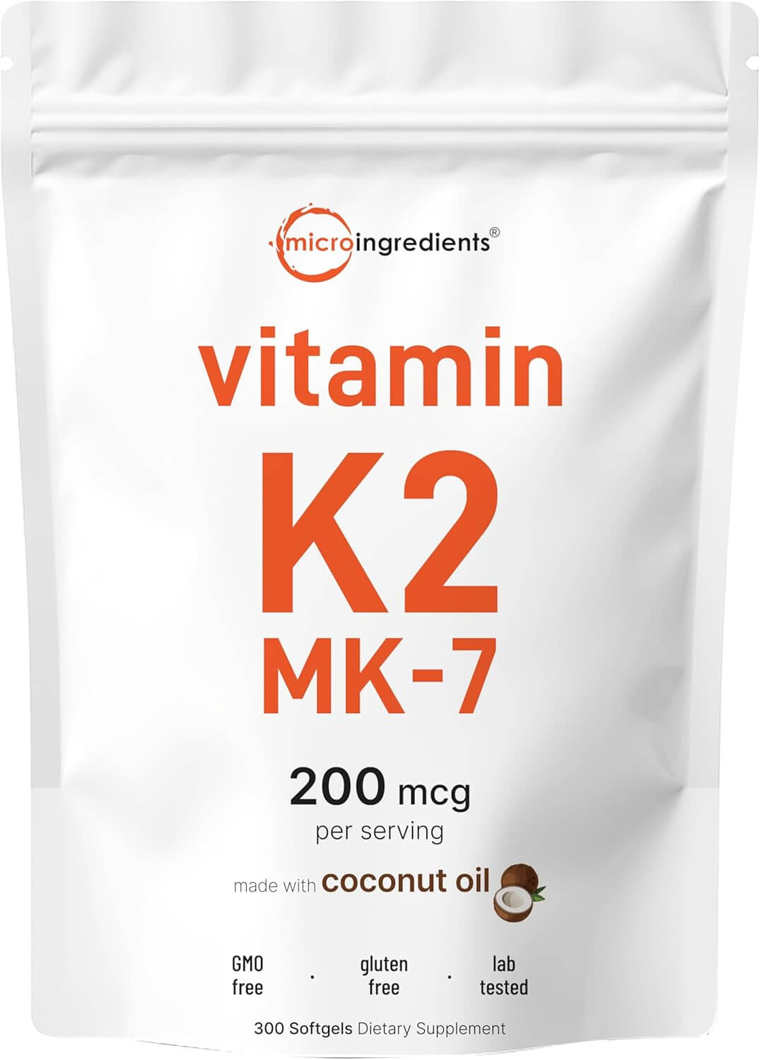 Micro Ingredients Vitamin K2 MK - 7 Supplement, 200 mcg Per Serving, 300 Coconut Oil Softgles | Easily Absorbed, Active Menaquinone Form Non - GMO - Vitamen Store