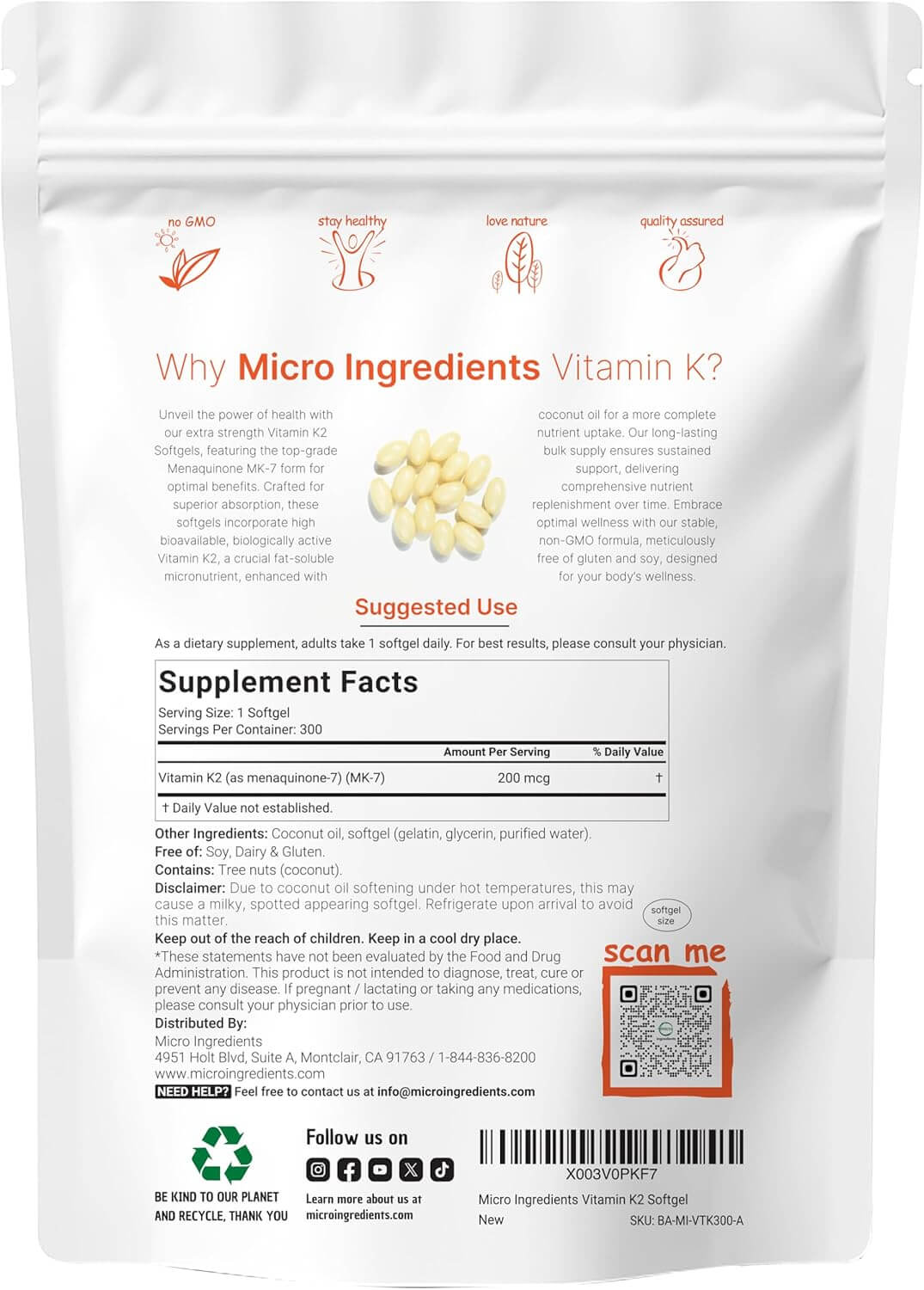 Micro Ingredients Vitamin K2 MK - 7 Supplement, 200 mcg Per Serving, 300 Coconut Oil Softgles | Easily Absorbed, Active Menaquinone Form Non - GMO - Vitamen Store