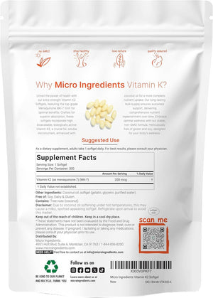 Micro Ingredients Vitamin K2 MK - 7 Supplement, 200 mcg Per Serving, 300 Coconut Oil Softgles | Easily Absorbed, Active Menaquinone Form Non - GMO - Vitamen Store