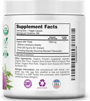 Milk Thistle Capsules, 280 Count, 7500 Mg Strength, Potent 30:1 Extract, USDA Certified Organic, Rich in Silymarin Flavonoids, Vegan, Non - Gmo and All - Natural - Vitamen Store