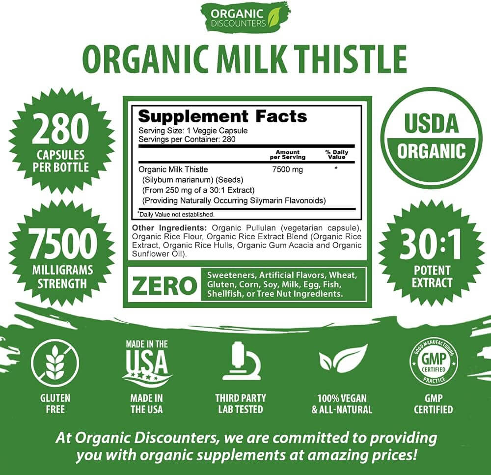 Milk Thistle Capsules, 280 Count, 7500 Mg Strength, Potent 30:1 Extract, USDA Certified Organic, Rich in Silymarin Flavonoids, Vegan, Non - Gmo and All - Natural - Vitamen Store