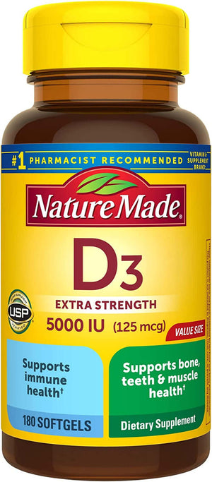 Nature Made Extra Strength Vitamin D3 5000 IU (125 Mcg), Dietary Supplement for Bone, Teeth, Muscle and Immune Health Support, 180 Softgels, 180 Day Supply - Vitamen Store