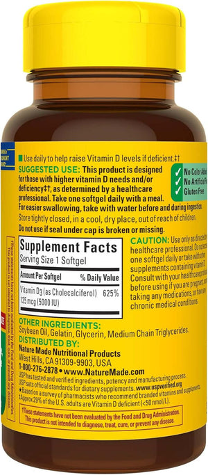 Nature Made Extra Strength Vitamin D3 5000 IU (125 Mcg), Dietary Supplement for Bone, Teeth, Muscle and Immune Health Support, 180 Softgels, 180 Day Supply - Vitamen Store