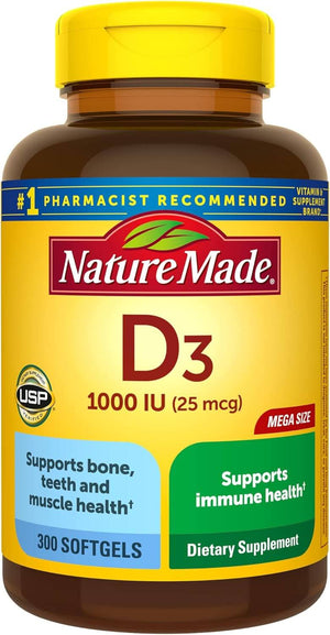 Nature Made Vitamin D3 1000 IU (25 Mcg), Dietary Supplement for Bone, Teeth, Muscle and Immune Health Support, 300 Softgels, 300 Day Supply - Vitamen Store